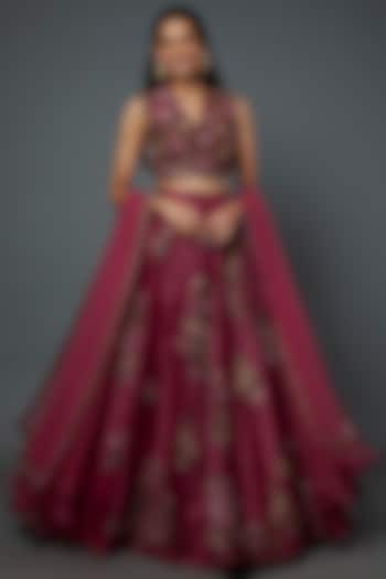 Red Raw Silk Embroidered Lehenga Set by Ridhi Mehra