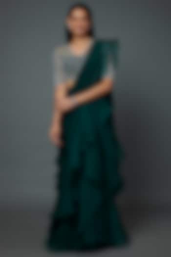 Emerald Green Chiffon & Organza Draped Ruffled Saree Set by Ridhi Mehra