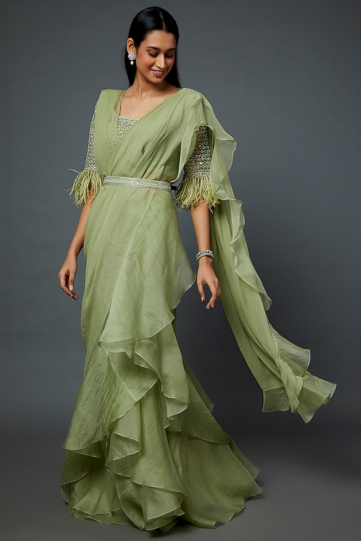 Mint Green Chiffon Organza Draped Reception Saree Set by Ridhi Mehra at Pernia's Pop Up Shop