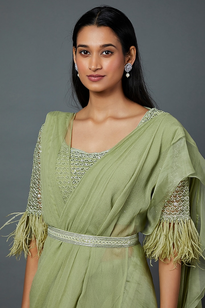 Mint Green Chiffon Organza Draped Reception Saree Set by Ridhi Mehra at Pernia's Pop Up Shop