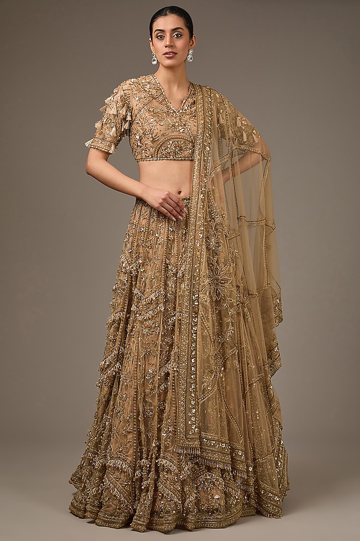 Gold Net Embroidered Lehenga Set by Ridhi Mehra