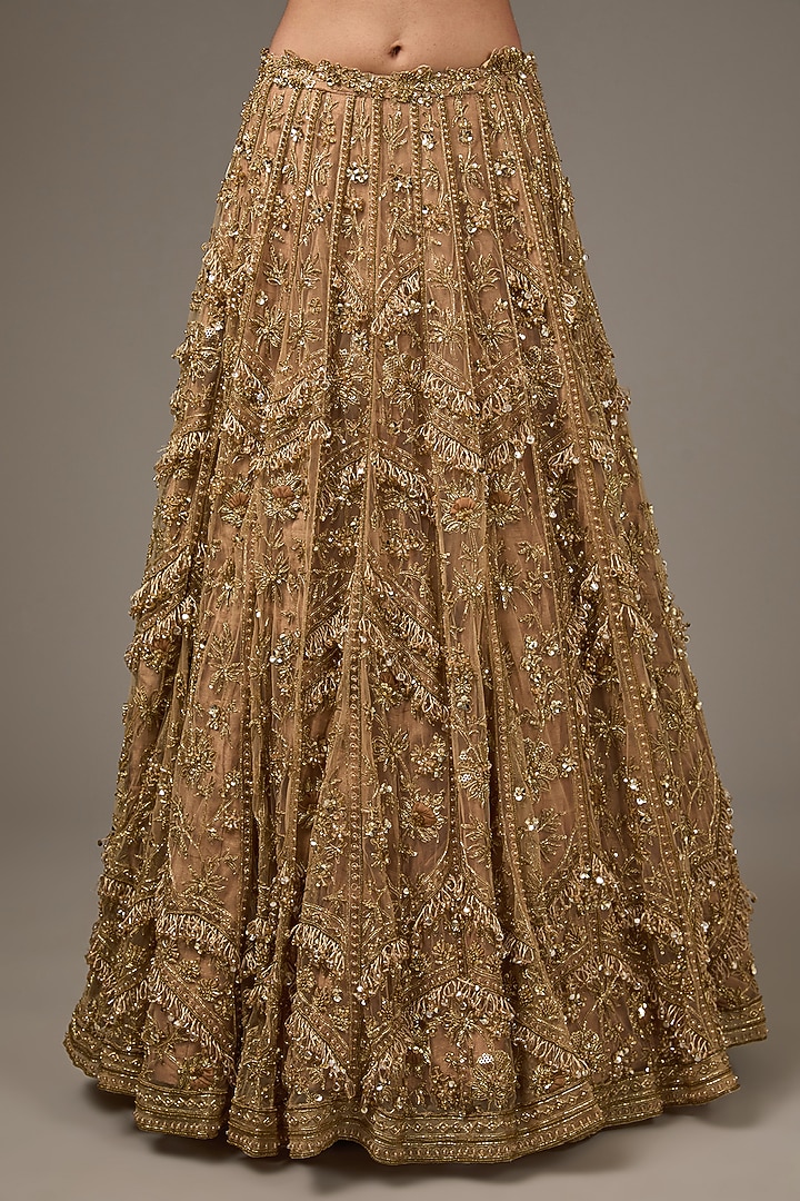 Gold Net Embroidered Bridal Lehenga Set by Ridhi Mehra at Pernia's Pop Up Shop