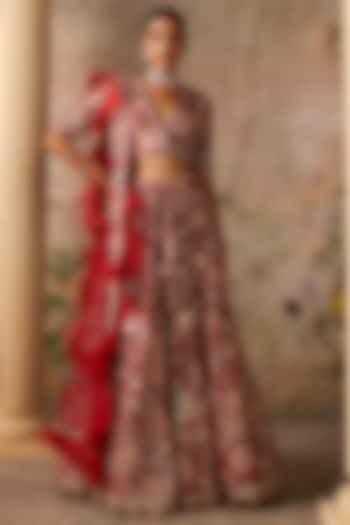 Red Raw Silk Chintz Printed & Mirror Embellished Bridal Lehenga Set by Ridhi Mehra at Pernia's Pop Up Shop