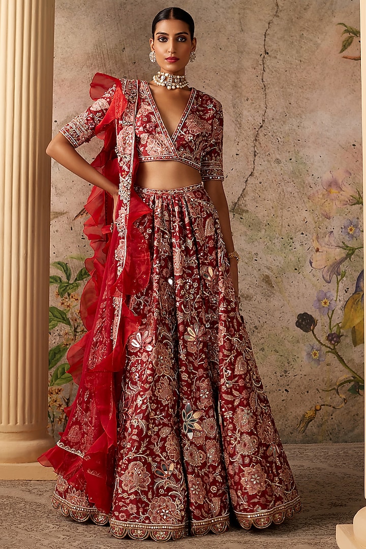 Red Raw Silk Chintz Printed & Mirror Embellished Bridal Lehenga Set by Ridhi Mehra at Pernia's Pop Up Shop