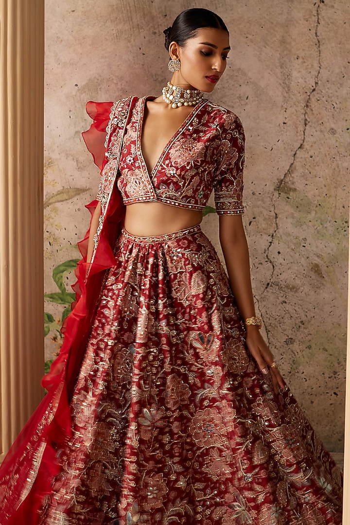 Red Raw Silk Chintz Printed & Mirror Embellished Bridal Lehenga Set by Ridhi Mehra at Pernia's Pop Up Shop