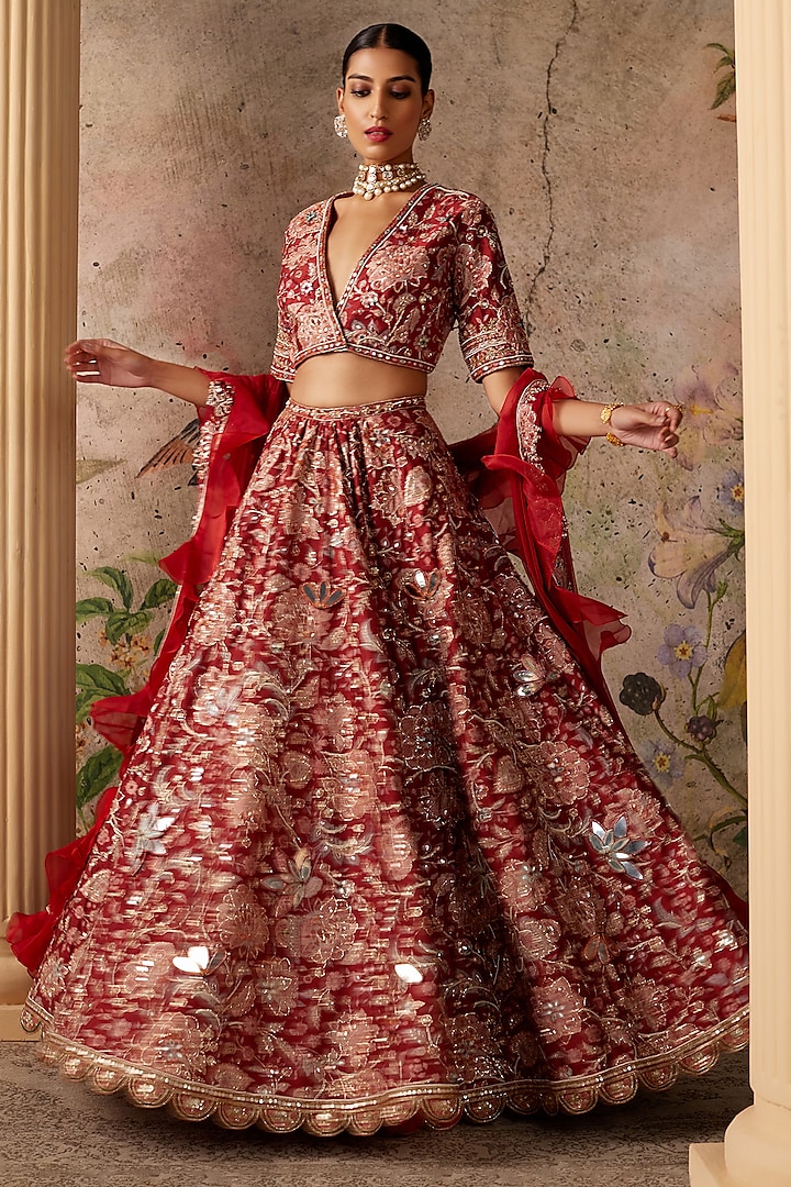Red Raw Silk Chintz Printed & Mirror Embellished Bridal Lehenga Set by Ridhi Mehra at Pernia's Pop Up Shop