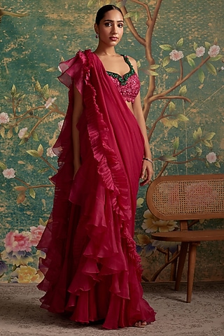 Deep Fuchsia Chiffon & Organza Ruffled Saree Set by Ridhi Mehra