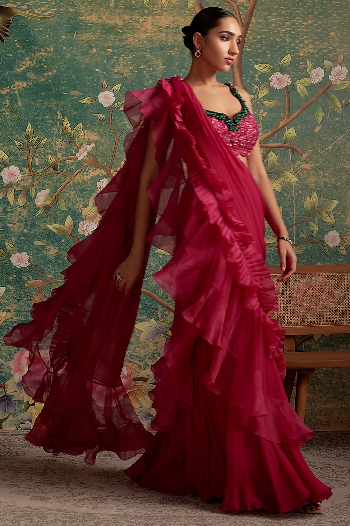 Deep Fuchsia Chiffon & Organza Ruffled Reception Saree Set by Ridhi Mehra at Pernia's Pop Up Shop