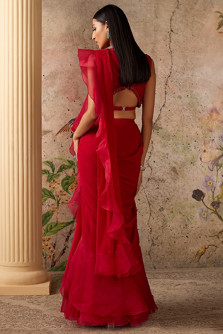 Red Chiffon & Organza Ruffled Reception Saree Set by Ridhi Mehra at Pernia's Pop Up Shop