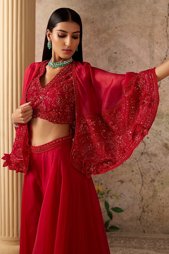Red Organza Embroidered Bridal Sharara Set by Ridhi Mehra at Pernia's Pop Up Shop