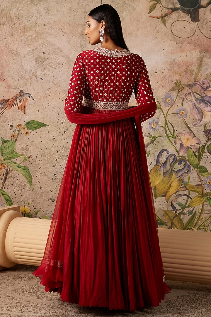 Red Fine Silk Embellished Bridal Anarkali Set by Ridhi Mehra at Pernia's Pop Up Shop