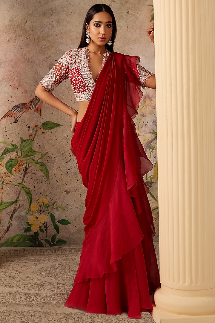 Red Chiffon & Organza Ruffled Draped Saree Set by Ridhi Mehra at Pernia's Pop Up Shop