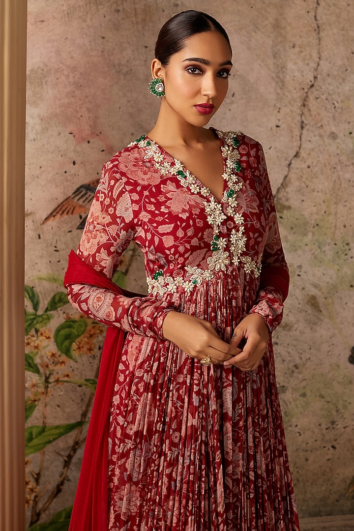Red Chiffon Printed & Floral Embroidered Bridal Anarkali Set by Ridhi Mehra at Pernia's Pop Up Shop