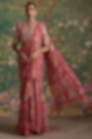 Royal Fuchsia Chiffon & Organza Printed Draped Saree Set by Ridhi Mehra at Pernia's Pop Up Shop