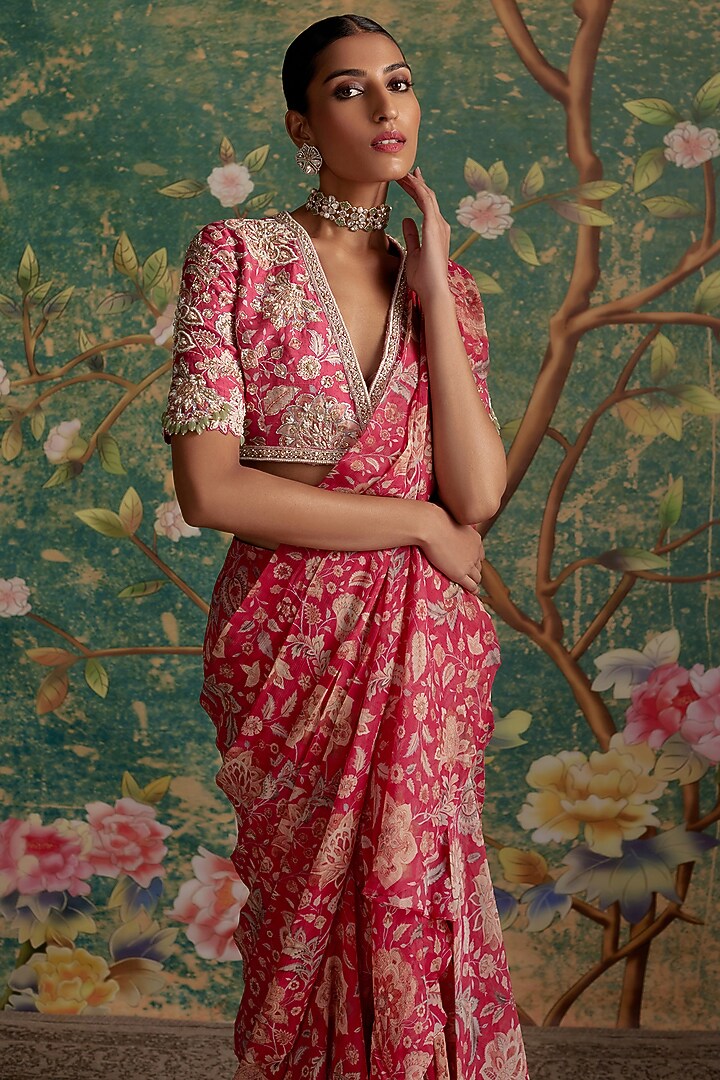 Royal Fuchsia Chiffon & Organza Printed Draped Reception Saree Set by Ridhi Mehra at Pernia's Pop Up Shop