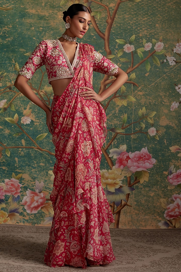 Royal Fuchsia Chiffon & Organza Printed Draped Reception Saree Set by Ridhi Mehra at Pernia's Pop Up Shop