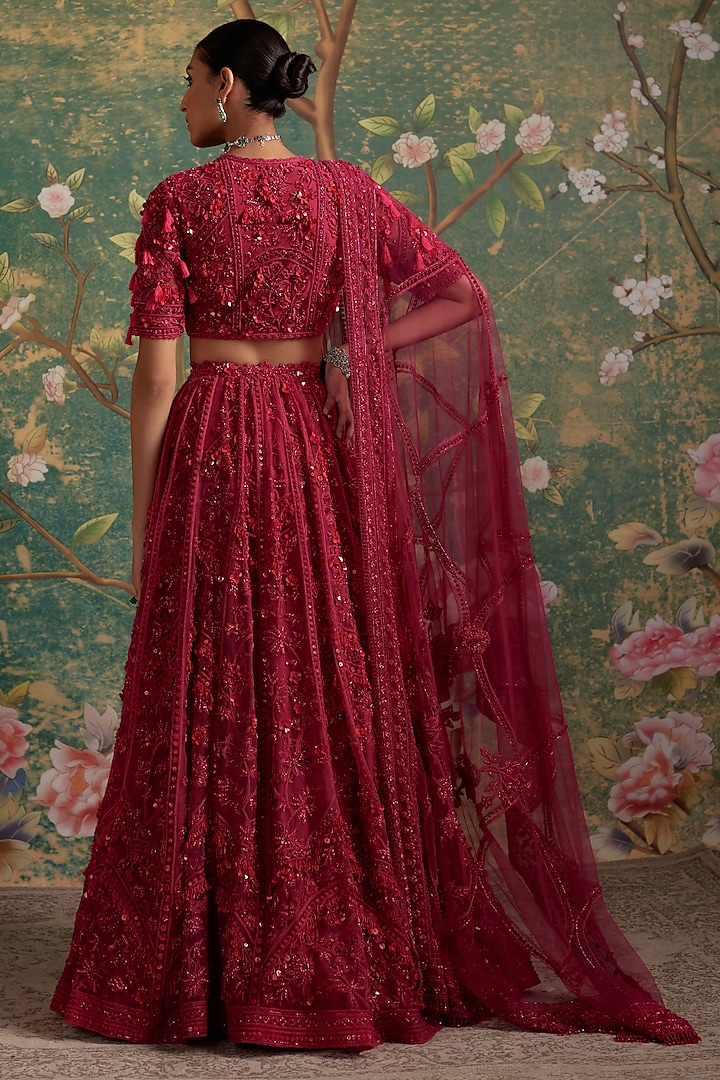 Deep Fuchsia Organza Embroidered Bridal Lehenga Set by Ridhi Mehra at Pernia's Pop Up Shop