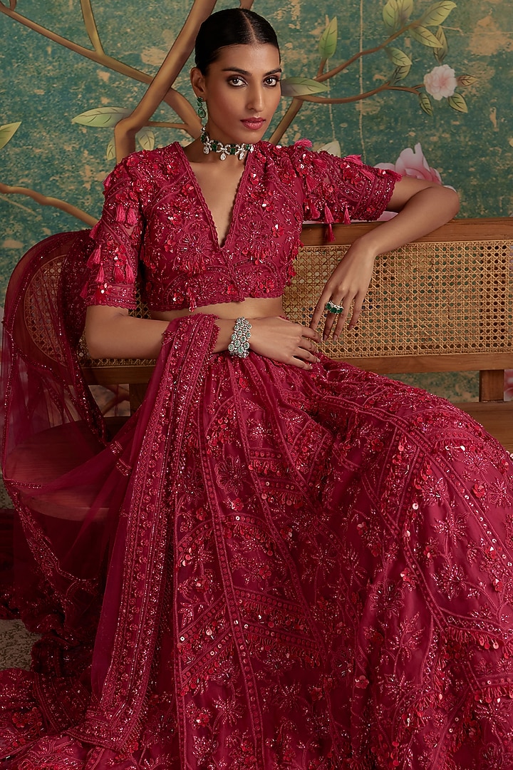 Deep Fuchsia Organza Embroidered Bridal Lehenga Set by Ridhi Mehra at Pernia's Pop Up Shop