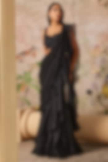 Black Chiffon & Organza Draped Reception Saree Set by Ridhi Mehra at Pernia's Pop Up Shop