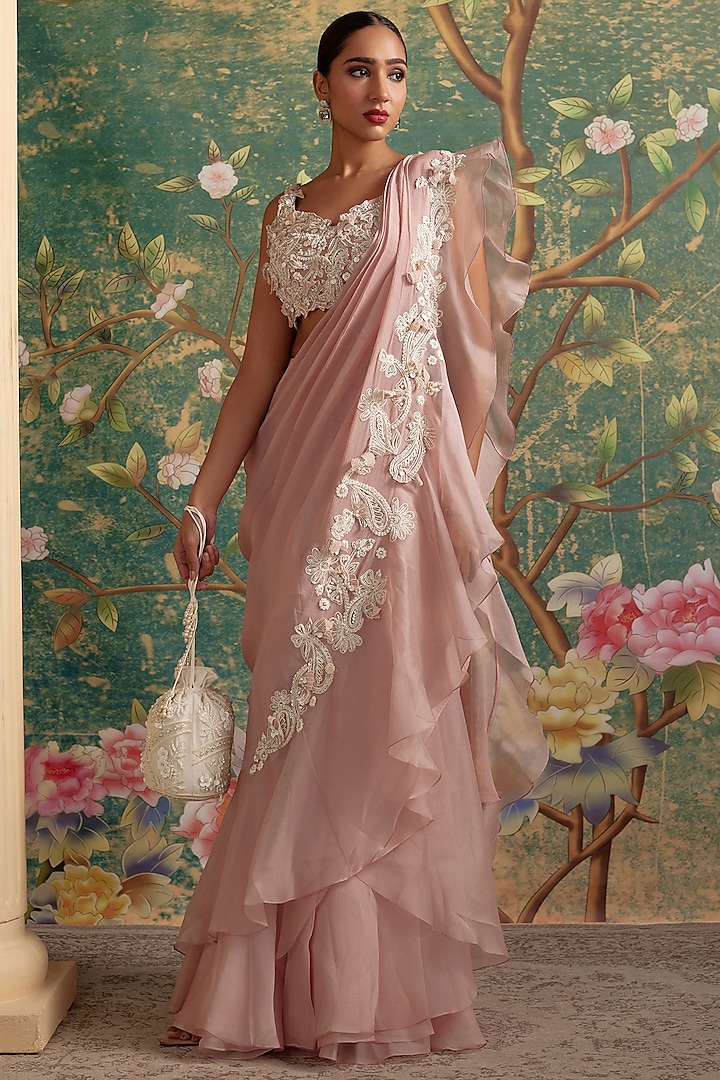 Dusky Pink Chiffon & Organza Draped Saree Set by Ridhi Mehra