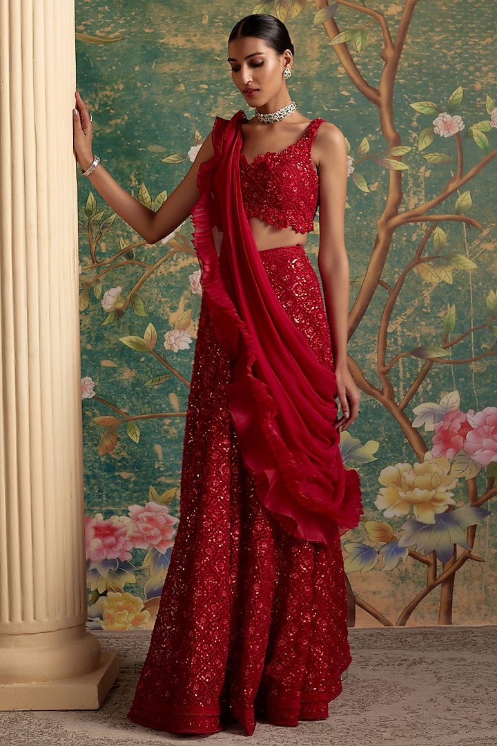 Red Net Embroidered Draped Skirt Set by Ridhi Mehra at Pernia's Pop Up Shop