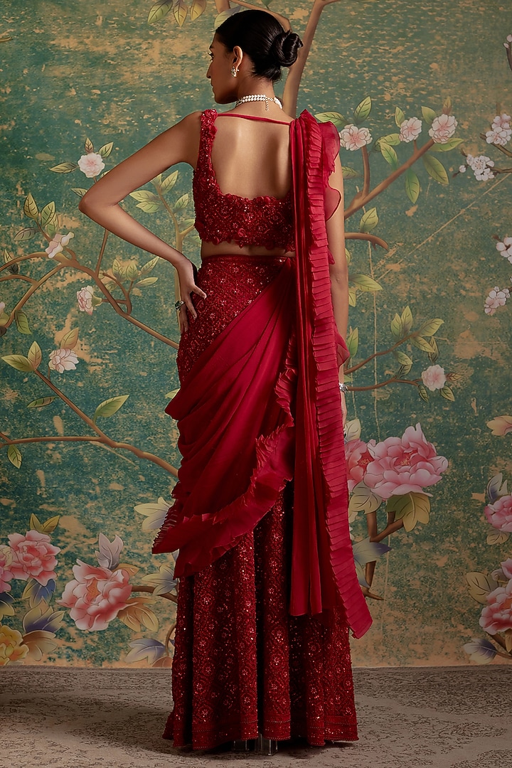 Red Net Embroidered Draped Skirt Set by Ridhi Mehra at Pernia's Pop Up Shop