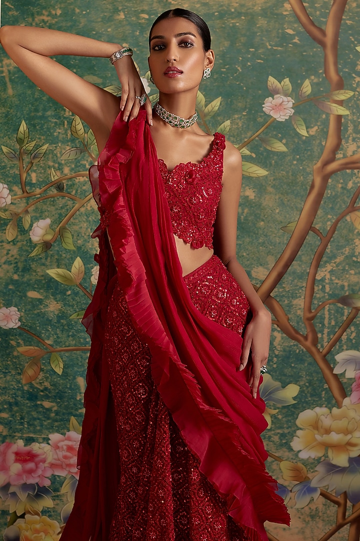 Red Net Embroidered Draped Skirt Set by Ridhi Mehra at Pernia's Pop Up Shop
