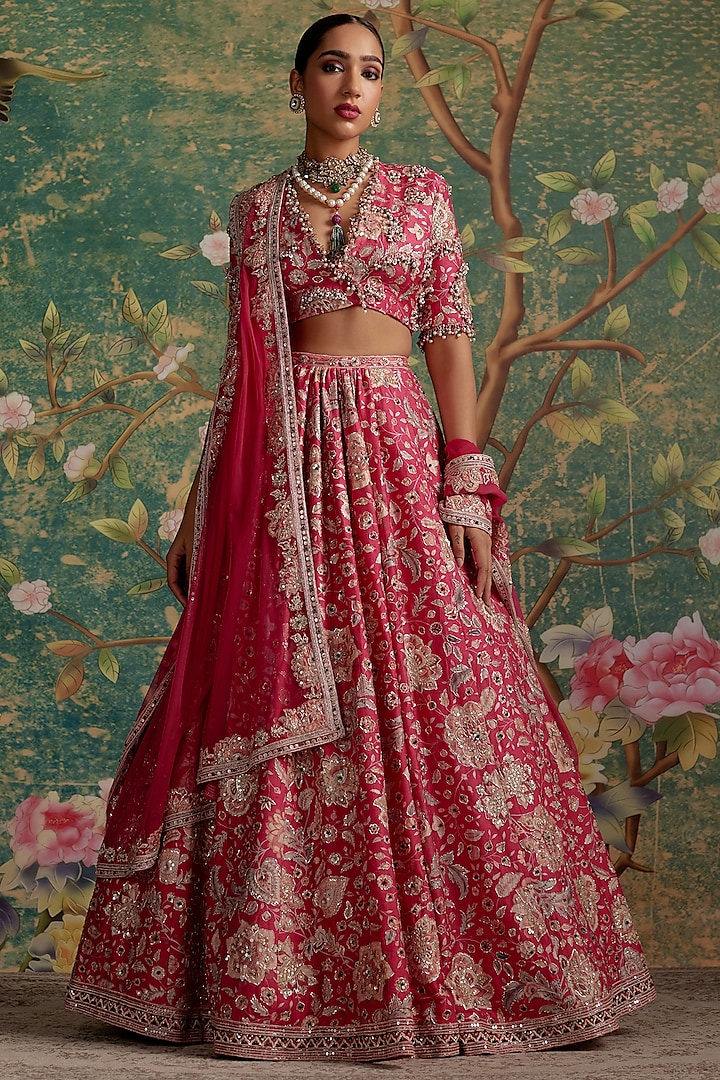 Royal Fuchsia Raw Silk Printed & Pearl Embroidered Bridal Lehenga Set by Ridhi Mehra at Pernia's Pop Up Shop