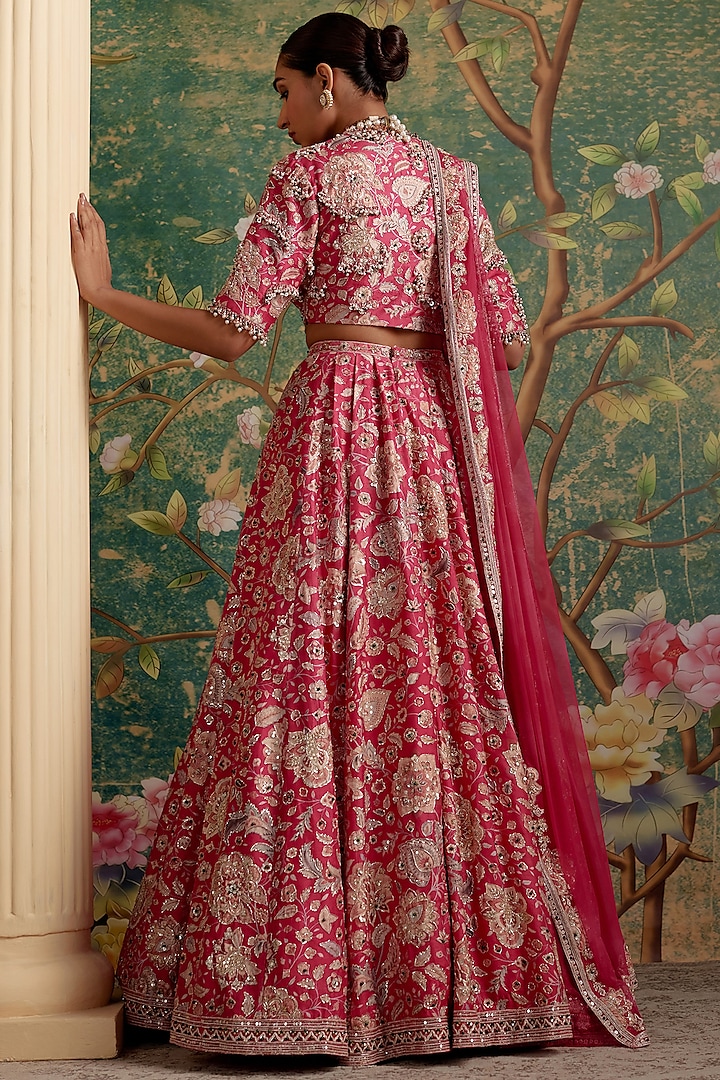 Royal Fuchsia Raw Silk Printed & Pearl Embroidered Bridal Lehenga Set by Ridhi Mehra at Pernia's Pop Up Shop