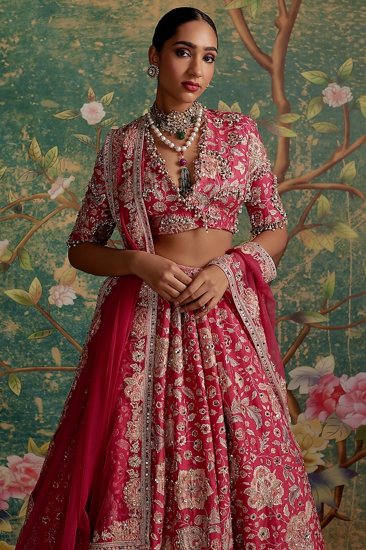 Royal Fuchsia Raw Silk Printed & Pearl Embroidered Bridal Lehenga Set by Ridhi Mehra at Pernia's Pop Up Shop