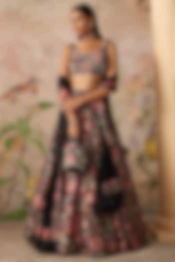 Black Raw Silk Printed & Pearl Embroidered Wedding Lehenga Set by Ridhi Mehra at Pernia's Pop Up Shop