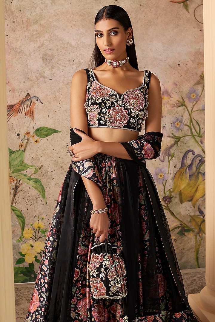 Black Raw Silk Printed & Pearl Embroidered Wedding Lehenga Set by Ridhi Mehra at Pernia's Pop Up Shop