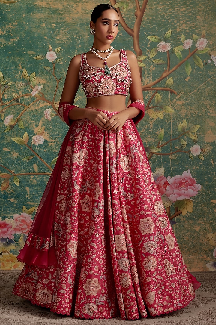 Royal Fuchsia Raw Silk Printed & Pearl Embroidered Wedding Lehenga Set by Ridhi Mehra at Pernia's Pop Up Shop