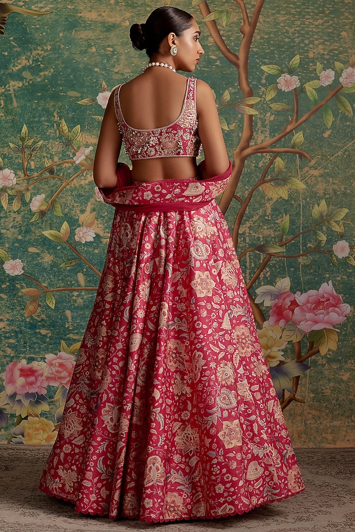 Royal Fuchsia Raw Silk Printed & Pearl Embroidered Wedding Lehenga Set by Ridhi Mehra at Pernia's Pop Up Shop