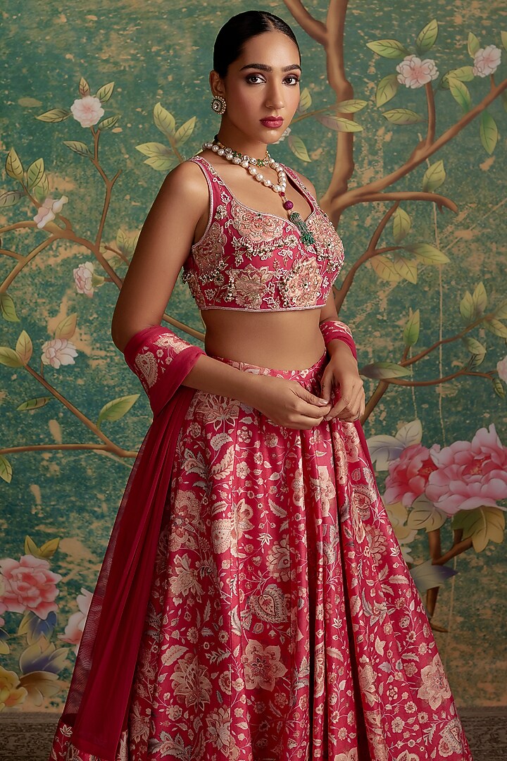 Royal Fuchsia Raw Silk Printed & Pearl Embroidered Wedding Lehenga Set by Ridhi Mehra at Pernia's Pop Up Shop