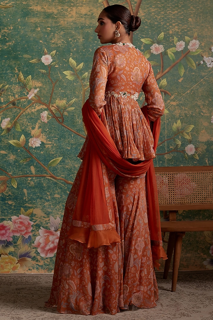 Orange Chiffon Printed Gharara Set by Ridhi Mehra at Pernia's Pop Up Shop