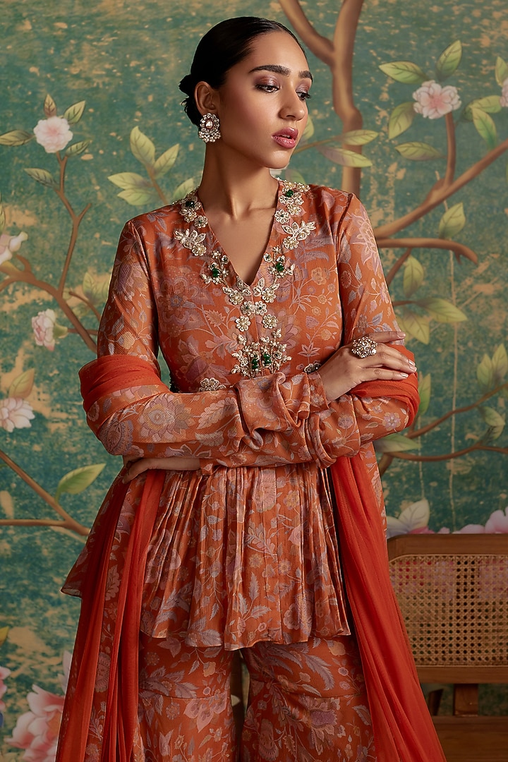 Orange Chiffon Printed Gharara Set by Ridhi Mehra at Pernia's Pop Up Shop