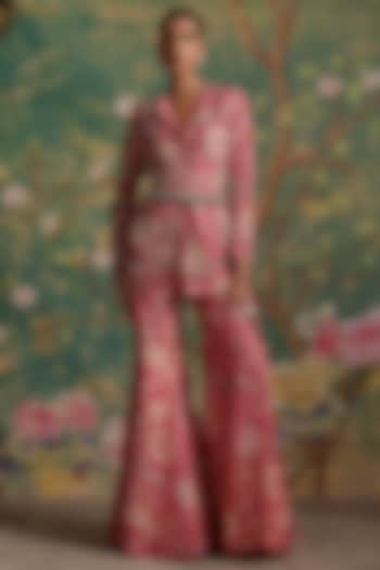 Royal Fuchsia Raw Silk Printed & Pearl Embroidered Jacket Set by Ridhi Mehra at Pernia's Pop Up Shop