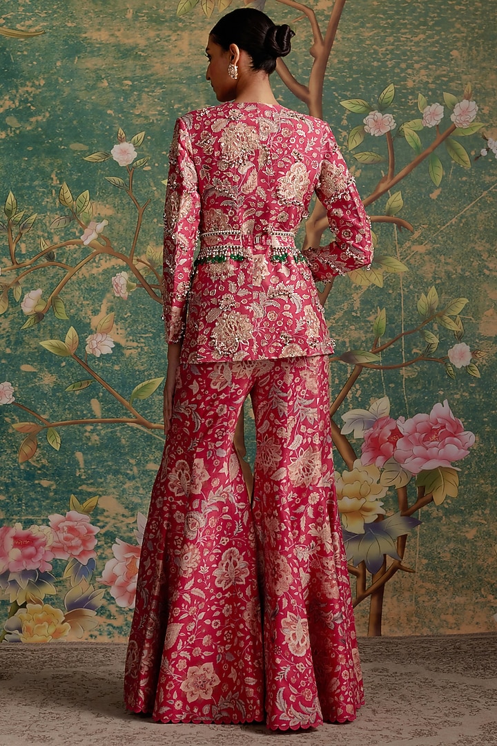 Royal Fuchsia Raw Silk Printed & Pearl Embroidered Jacket Set by Ridhi Mehra at Pernia's Pop Up Shop