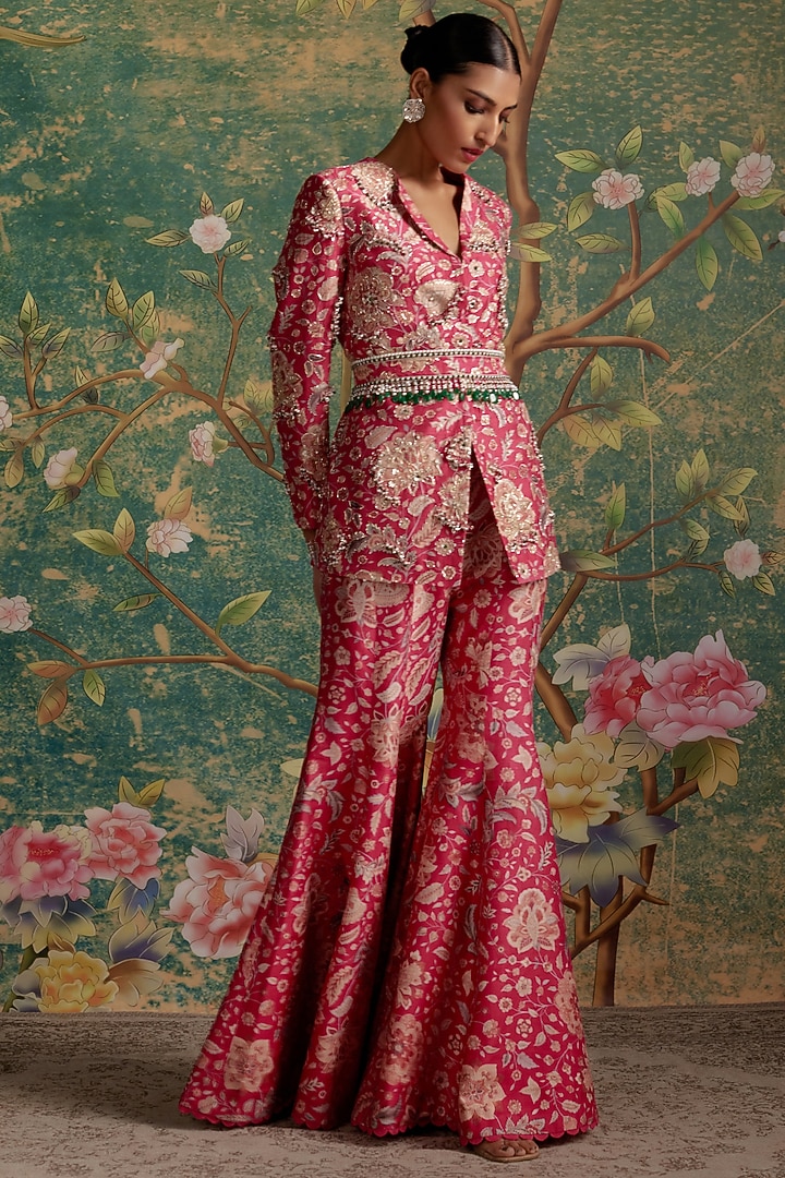 Royal Fuchsia Raw Silk Printed & Pearl Embroidered Jacket Set by Ridhi Mehra at Pernia's Pop Up Shop