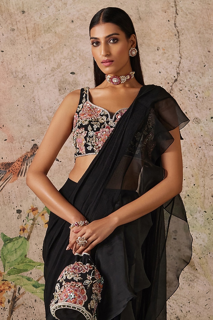 Black Chiffon & Organza Draped Ruffled Reception Saree Set by Ridhi Mehra at Pernia's Pop Up Shop