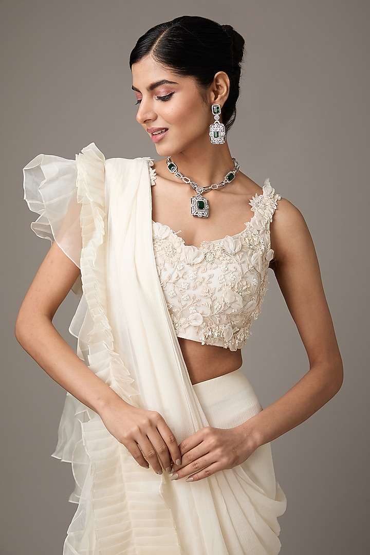 Ivory Chiffon & Organza Ruffled Draped Reception Saree Set by Ridhi Mehra at Pernia's Pop Up Shop