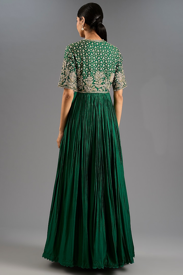 Green Fine Silk Hand Embroidered Bridal Anarkali Set by Ridhi Mehra at Pernia's Pop Up Shop