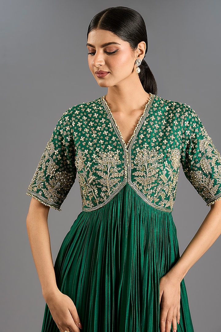 Green Fine Silk Hand Embroidered Bridal Anarkali Set by Ridhi Mehra at Pernia's Pop Up Shop