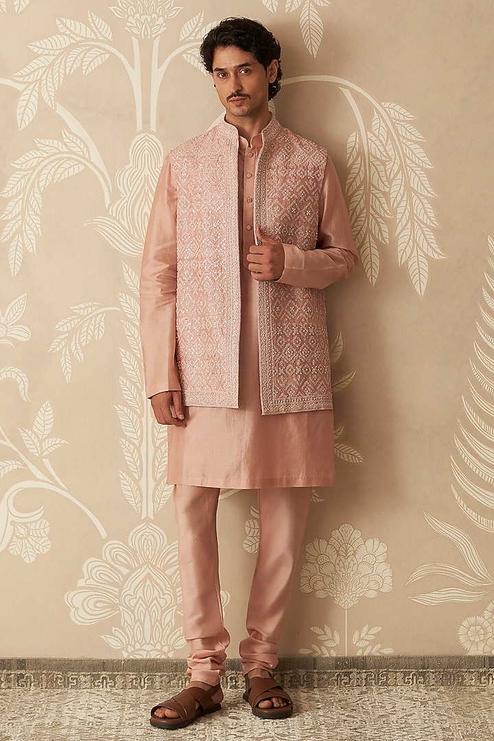 Dusty Pink Organza Embroidered Bundi Jacket Set by Ridhi Mehra Men at Pernia's Pop Up Shop