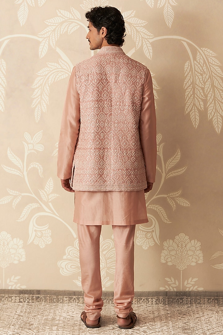 Dusty Pink Organza Embroidered Bundi Jacket Set by Ridhi Mehra Men at Pernia's Pop Up Shop