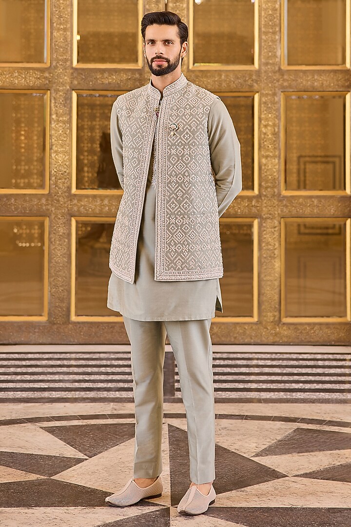 Silver Sage Tussar Silk Embroidered Bundi Jacket Set by Ridhi Mehra Men at Pernia's Pop Up Shop