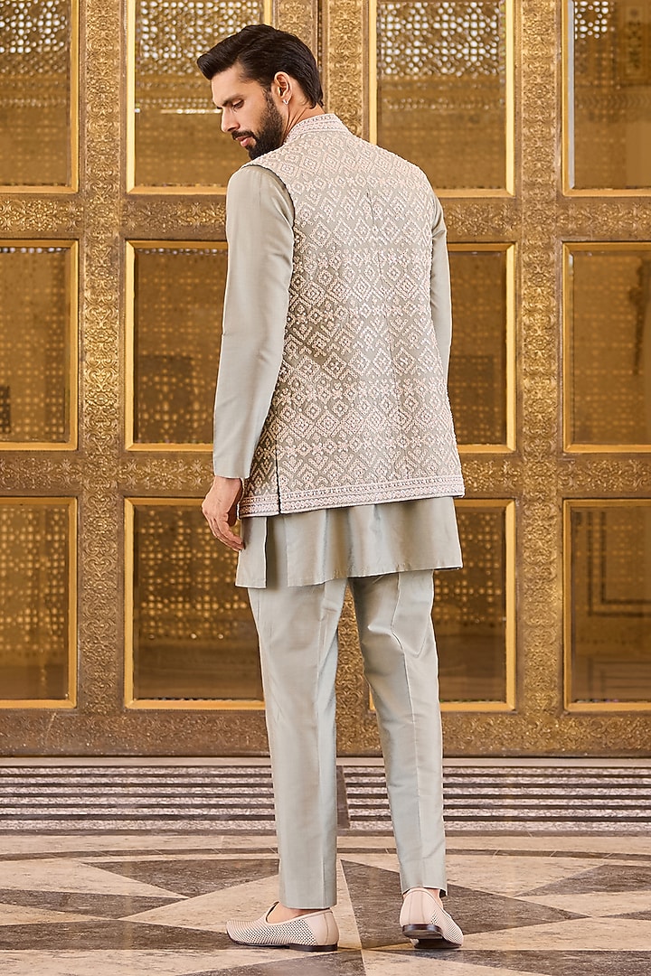 Silver Sage Tussar Silk Embroidered Bundi Jacket Set by Ridhi Mehra Men at Pernia's Pop Up Shop