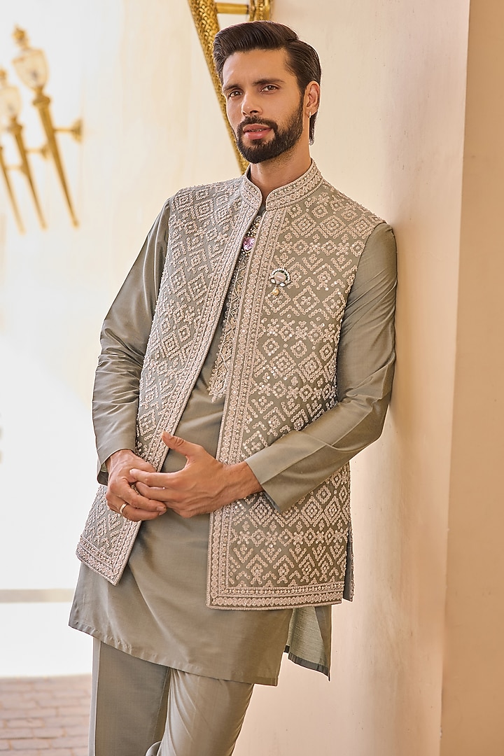 Silver Sage Tussar Silk Embroidered Bundi Jacket Set by Ridhi Mehra Men at Pernia's Pop Up Shop