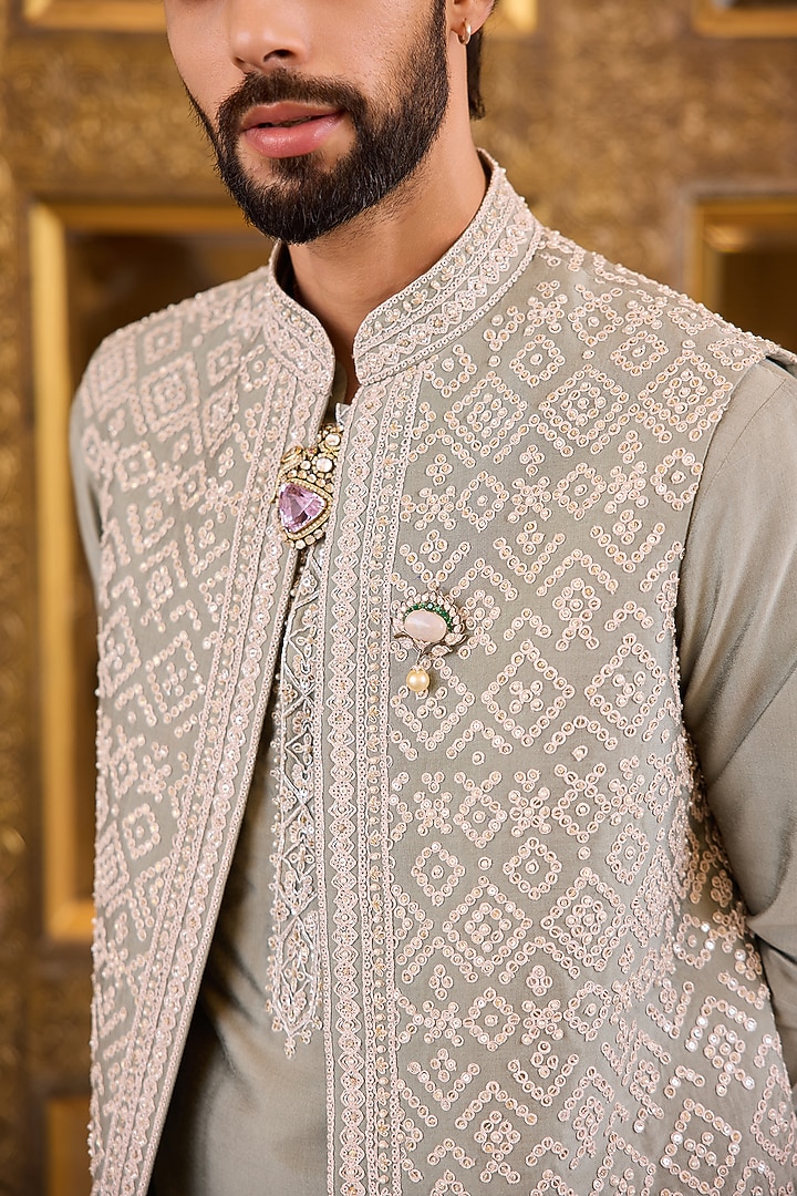 Silver Sage Tussar Silk Embroidered Bundi Jacket Set by Ridhi Mehra Men at Pernia's Pop Up Shop